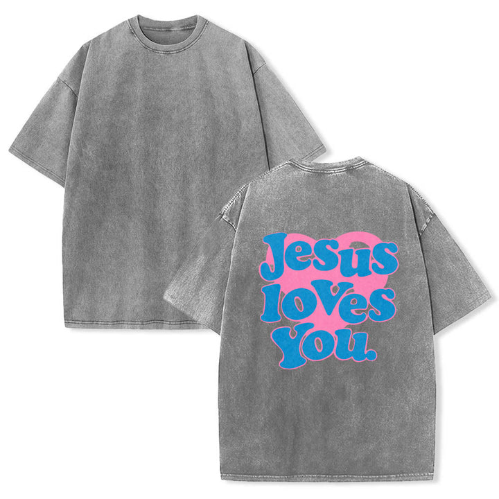 Christianartworkshop Herzförmiger Rücken, Bubble-Schriftzug, Jesus liebt dich – Statement-Print, gewaschenes T-Shirt - image 3