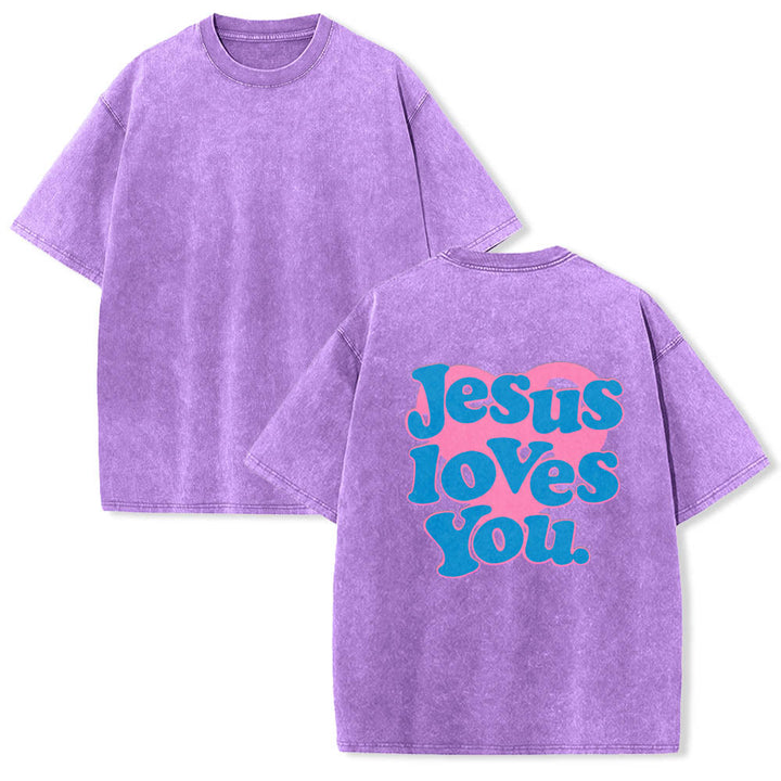 Christianartworkshop Herzförmiger Rücken, Bubble-Schriftzug, Jesus liebt dich – Statement-Print, gewaschenes T-Shirt - image 13