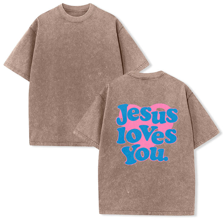 Christianartworkshop Herzförmiger Rücken, Bubble-Schriftzug, Jesus liebt dich – Statement-Print, gewaschenes T-Shirt - image 9