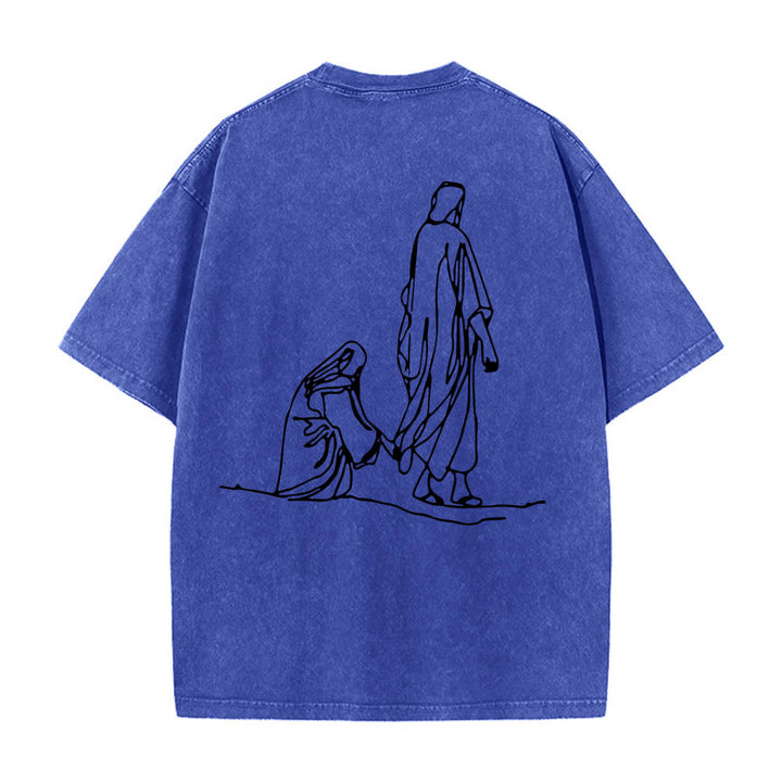 Christianartworkshop Matthäus 9,20–22: Glaubenszitat, Vorderseite: Blutende Frau berührt Christus, Gewand, Strichzeichnung, Rückseite: Aufdruck, gewaschenes T-Shirt - image 14