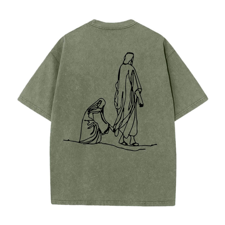 Christianartworkshop Matthäus 9,20–22: Glaubenszitat, Vorderseite: Blutende Frau berührt Christus, Gewand, Strichzeichnung, Rückseite: Aufdruck, gewaschenes T-Shirt - image 26