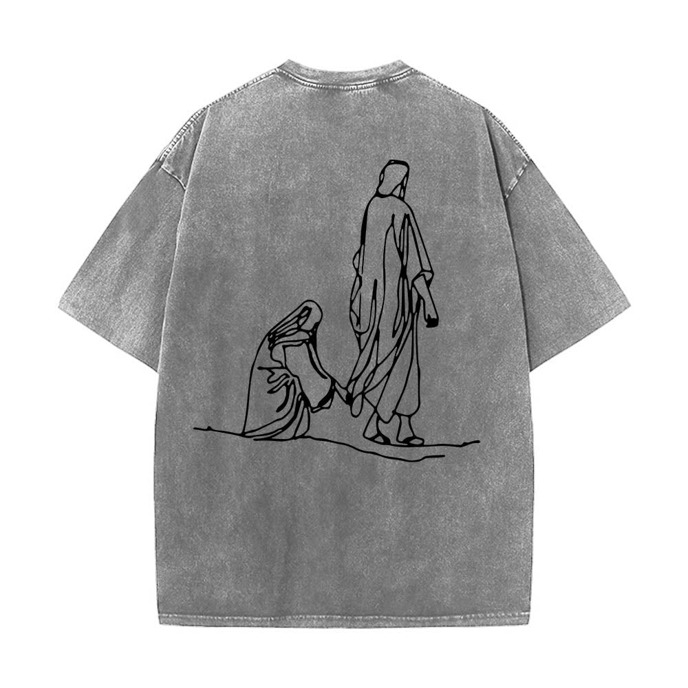 Christianartworkshop Matthäus 9,20–22: Glaubenszitat, Vorderseite: Blutende Frau berührt Christus, Gewand, Strichzeichnung, Rückseite: Aufdruck, gewaschenes T-Shirt - image 8