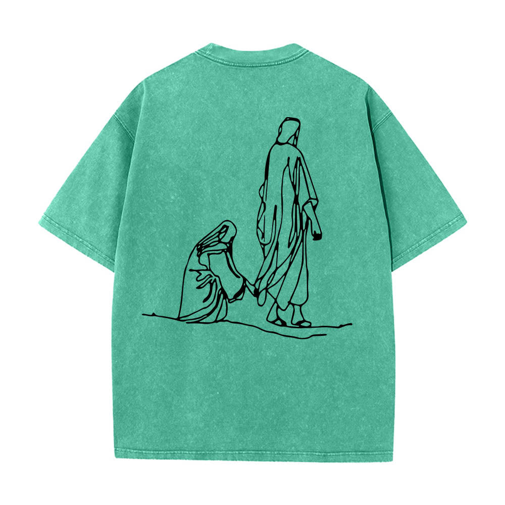 Christianartworkshop Matthäus 9,20–22: Glaubenszitat, Vorderseite: Blutende Frau berührt Christus, Gewand, Strichzeichnung, Rückseite: Aufdruck, gewaschenes T-Shirt - image 17