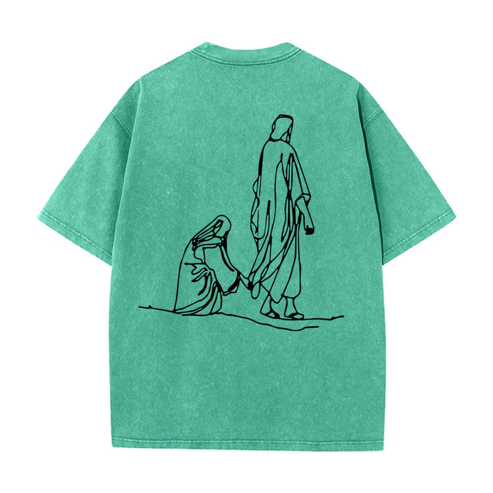 Christianartworkshop Matthäus 9,20–22: Glaubenszitat, Vorderseite: Blutende Frau berührt Christus, Gewand, Strichzeichnung, Rückseite: Aufdruck, gewaschenes T-Shirt - image 17