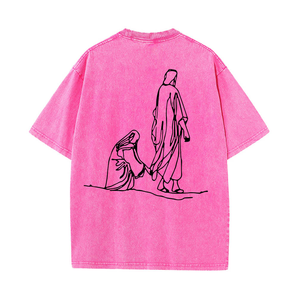 Christianartworkshop Matthäus 9,20–22: Glaubenszitat, Vorderseite: Blutende Frau berührt Christus, Gewand, Strichzeichnung, Rückseite: Aufdruck, gewaschenes T-Shirt - image 23