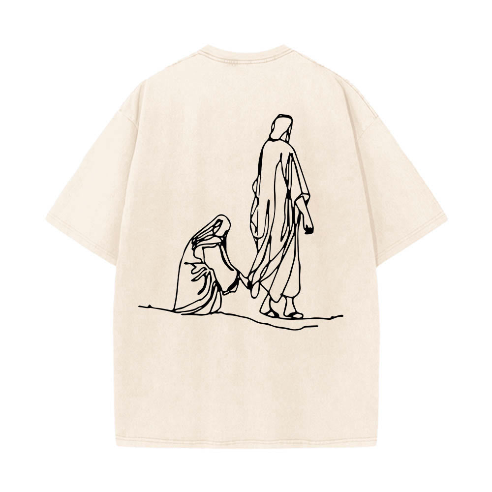 Christianartworkshop Matthäus 9,20–22: Glaubenszitat, Vorderseite: Blutende Frau berührt Christus, Gewand, Strichzeichnung, Rückseite: Aufdruck, gewaschenes T-Shirt - image 5