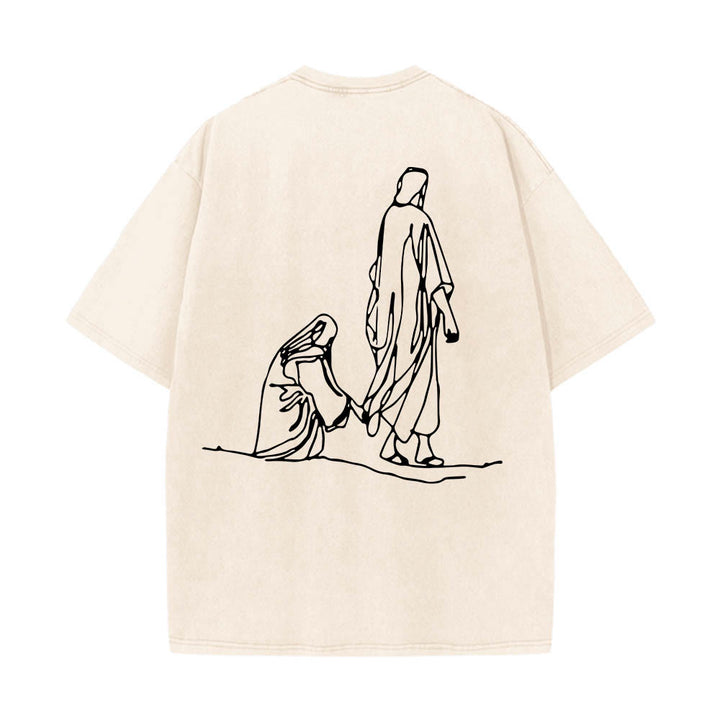 Christianartworkshop Matthäus 9,20–22: Glaubenszitat, Vorderseite: Blutende Frau berührt Christus, Gewand, Strichzeichnung, Rückseite: Aufdruck, gewaschenes T-Shirt - image 5