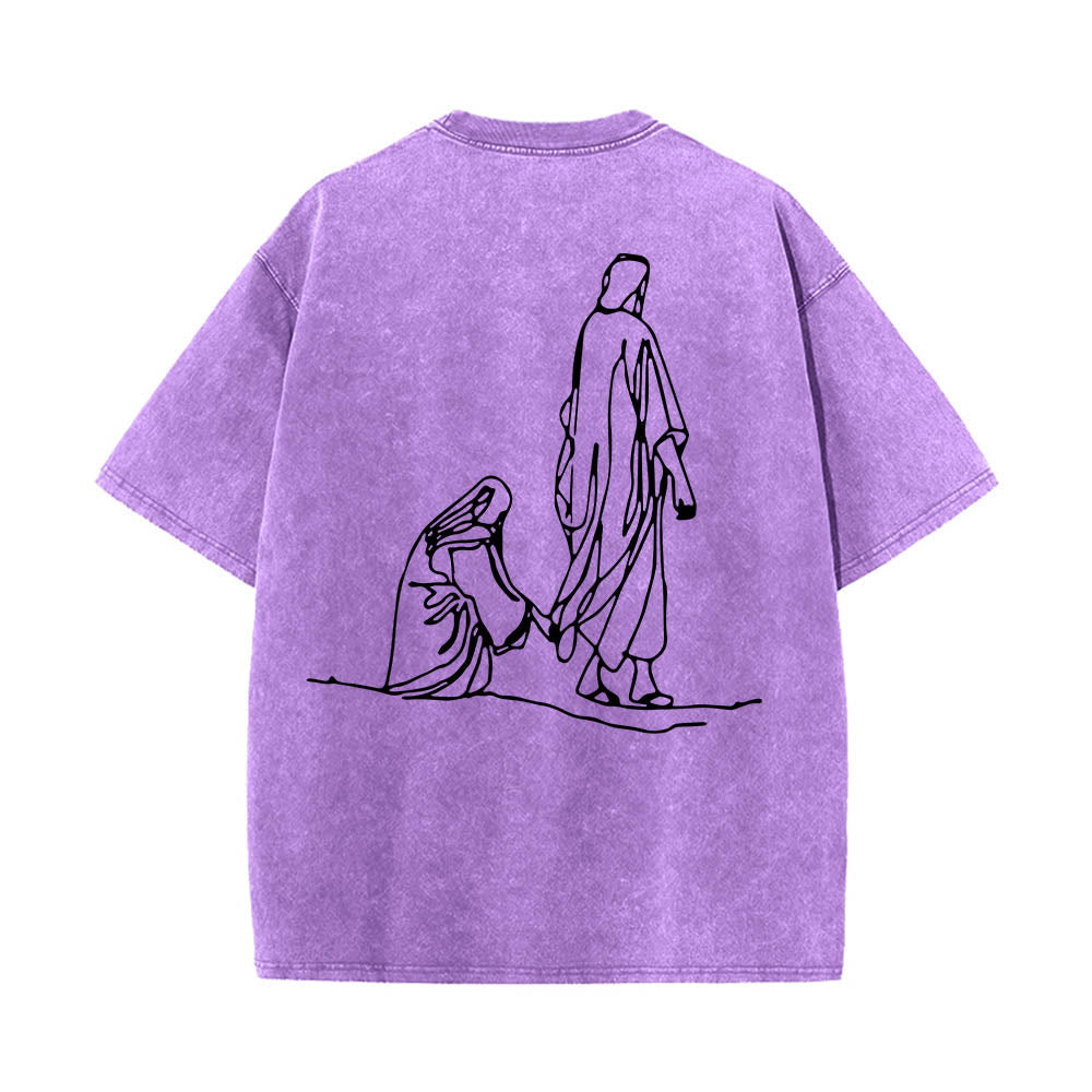 Christianartworkshop Matthäus 9,20–22: Glaubenszitat, Vorderseite: Blutende Frau berührt Christus, Gewand, Strichzeichnung, Rückseite: Aufdruck, gewaschenes T-Shirt - image 20
