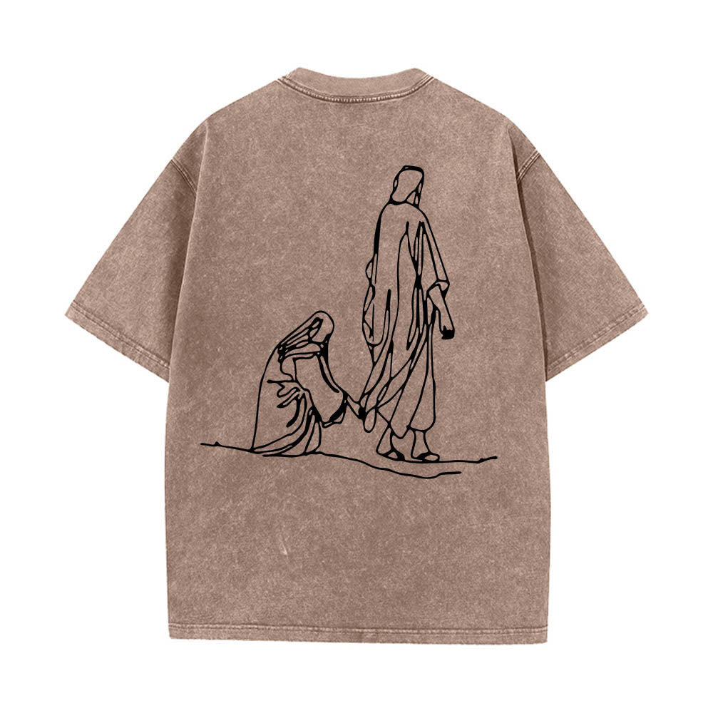 Christianartworkshop Matthäus 9,20–22: Glaubenszitat, Vorderseite: Blutende Frau berührt Christus, Gewand, Strichzeichnung, Rückseite: Aufdruck, gewaschenes T-Shirt - image 2