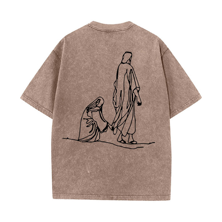 Christianartworkshop Matthäus 9,20–22: Glaubenszitat, Vorderseite: Blutende Frau berührt Christus, Gewand, Strichzeichnung, Rückseite: Aufdruck, gewaschenes T-Shirt - image 2