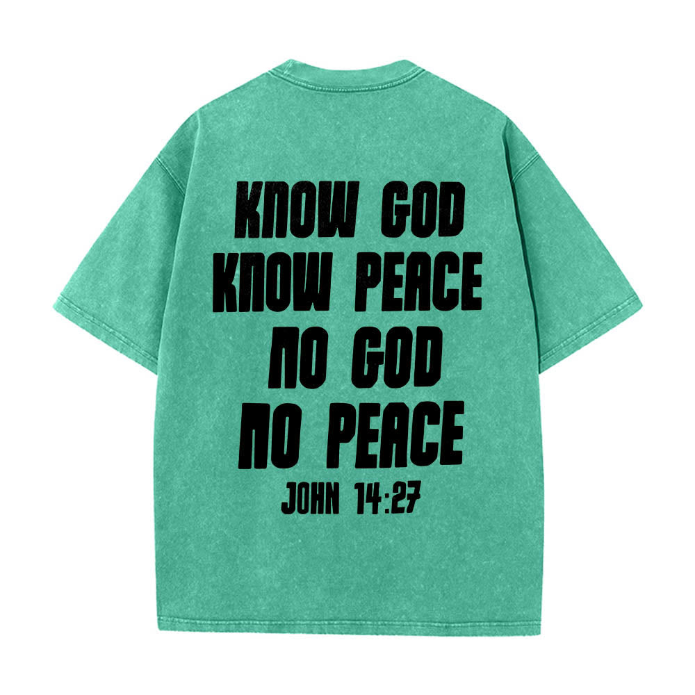 Christianartworkshop Dornenkrone Jesus-Büste Vorderseite „Kenne Gott, kenne Frieden“ Johannes 14,27 Rückseite Doppelseitiger Druck Gewaschenes T-Shirt - image 17