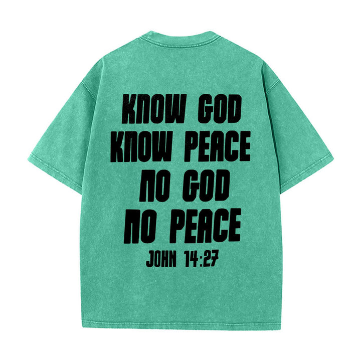 Christianartworkshop Dornenkrone Jesus-Büste Vorderseite „Kenne Gott, kenne Frieden“ Johannes 14,27 Rückseite Doppelseitiger Druck Gewaschenes T-Shirt - image 17