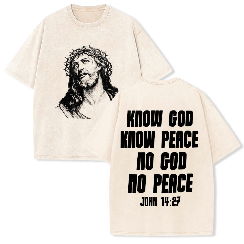Christianartworkshop Dornenkrone Jesus-Büste Vorderseite „Kenne Gott, kenne Frieden“ Johannes 14,27 Rückseite Doppelseitiger Druck Gewaschenes T-Shirt - Beige - 5XL - image 0