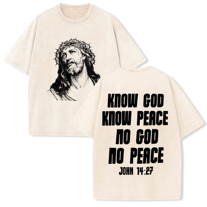 Christianartworkshop Dornenkrone Jesus-Büste Vorderseite „Kenne Gott, kenne Frieden“ Johannes 14,27 Rückseite Doppelseitiger Druck Gewaschenes T-Shirt - Beige - 5XL - image 0