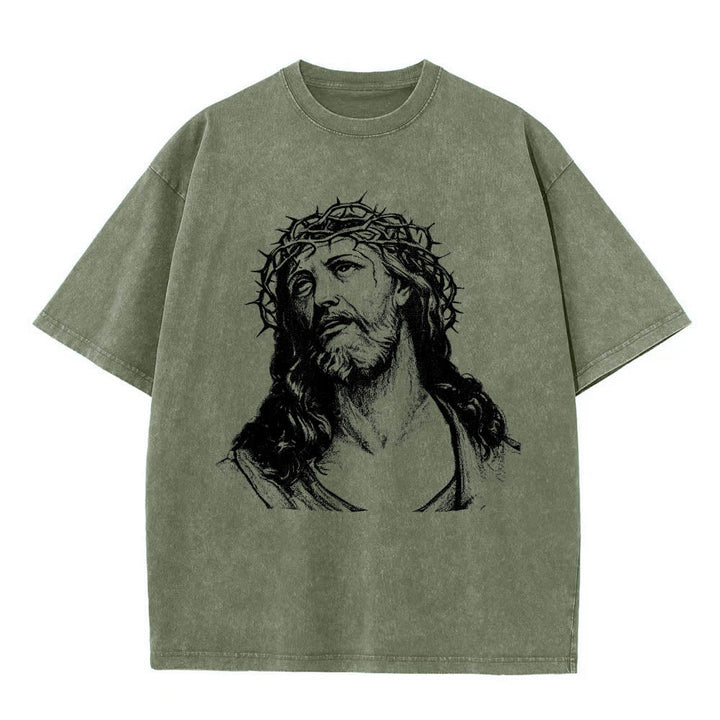 Christianartworkshop Dornenkrone Jesus-Büste Vorderseite „Kenne Gott, kenne Frieden“ Johannes 14,27 Rückseite Doppelseitiger Druck Gewaschenes T-Shirt - image 25