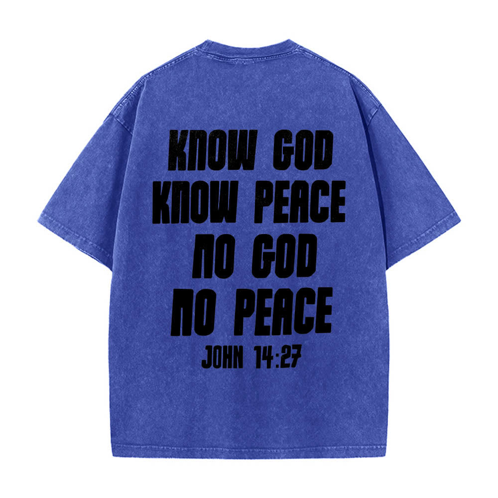 Christianartworkshop Dornenkrone Jesus-Büste Vorderseite „Kenne Gott, kenne Frieden“ Johannes 14,27 Rückseite Doppelseitiger Druck Gewaschenes T-Shirt - image 14