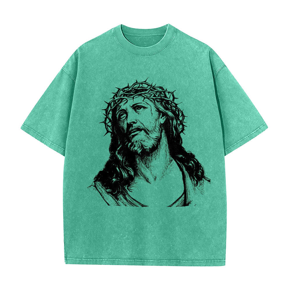 Christianartworkshop Dornenkrone Jesus-Büste Vorderseite „Kenne Gott, kenne Frieden“ Johannes 14,27 Rückseite Doppelseitiger Druck Gewaschenes T-Shirt - image 16