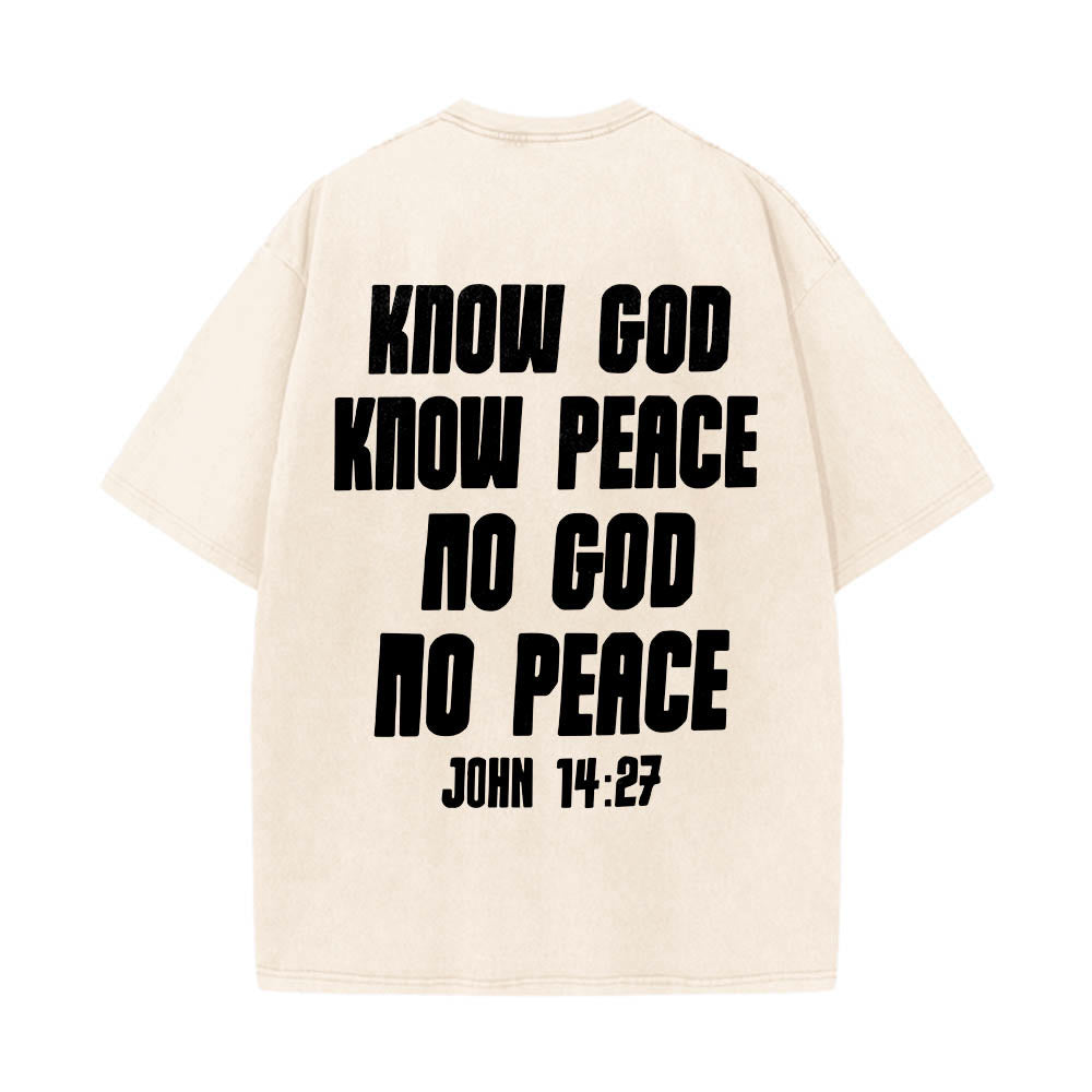 Christianartworkshop Dornenkrone Jesus-Büste Vorderseite „Kenne Gott, kenne Frieden“ Johannes 14,27 Rückseite Doppelseitiger Druck Gewaschenes T-Shirt - image 2