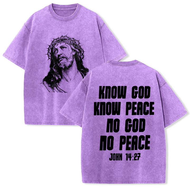 Christianartworkshop Dornenkrone Jesus-Büste Vorderseite „Kenne Gott, kenne Frieden“ Johannes 14,27 Rückseite Doppelseitiger Druck Gewaschenes T-Shirt - Lila - 5XL - image 18