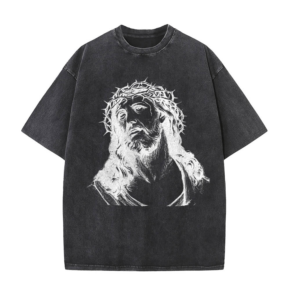 Christianartworkshop Dornenkrone Jesus-Büste Vorderseite „Kenne Gott, kenne Frieden“ Johannes 14,27 Rückseite Doppelseitiger Druck Gewaschenes T-Shirt - image 10