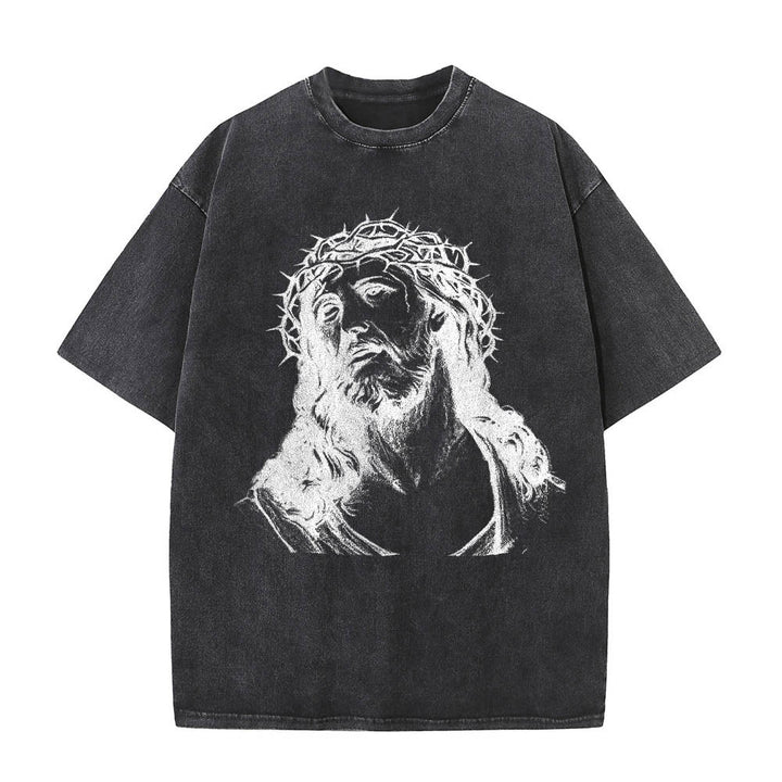 Christianartworkshop Dornenkrone Jesus-Büste Vorderseite „Kenne Gott, kenne Frieden“ Johannes 14,27 Rückseite Doppelseitiger Druck Gewaschenes T-Shirt - image 10