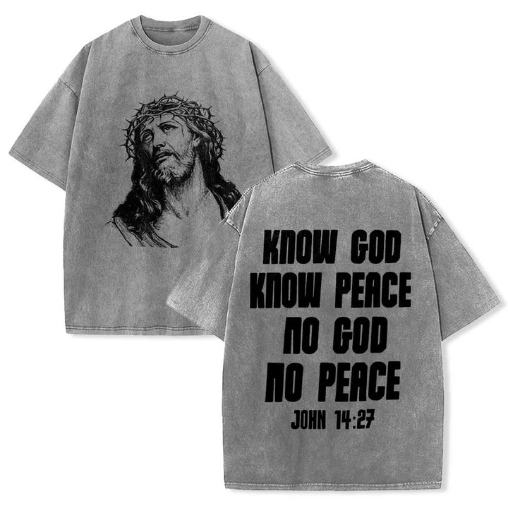Christianartworkshop Dornenkrone Jesus-Büste Vorderseite „Kenne Gott, kenne Frieden“ Johannes 14,27 Rückseite Doppelseitiger Druck Gewaschenes T-Shirt - Grau - 5XL - image 6