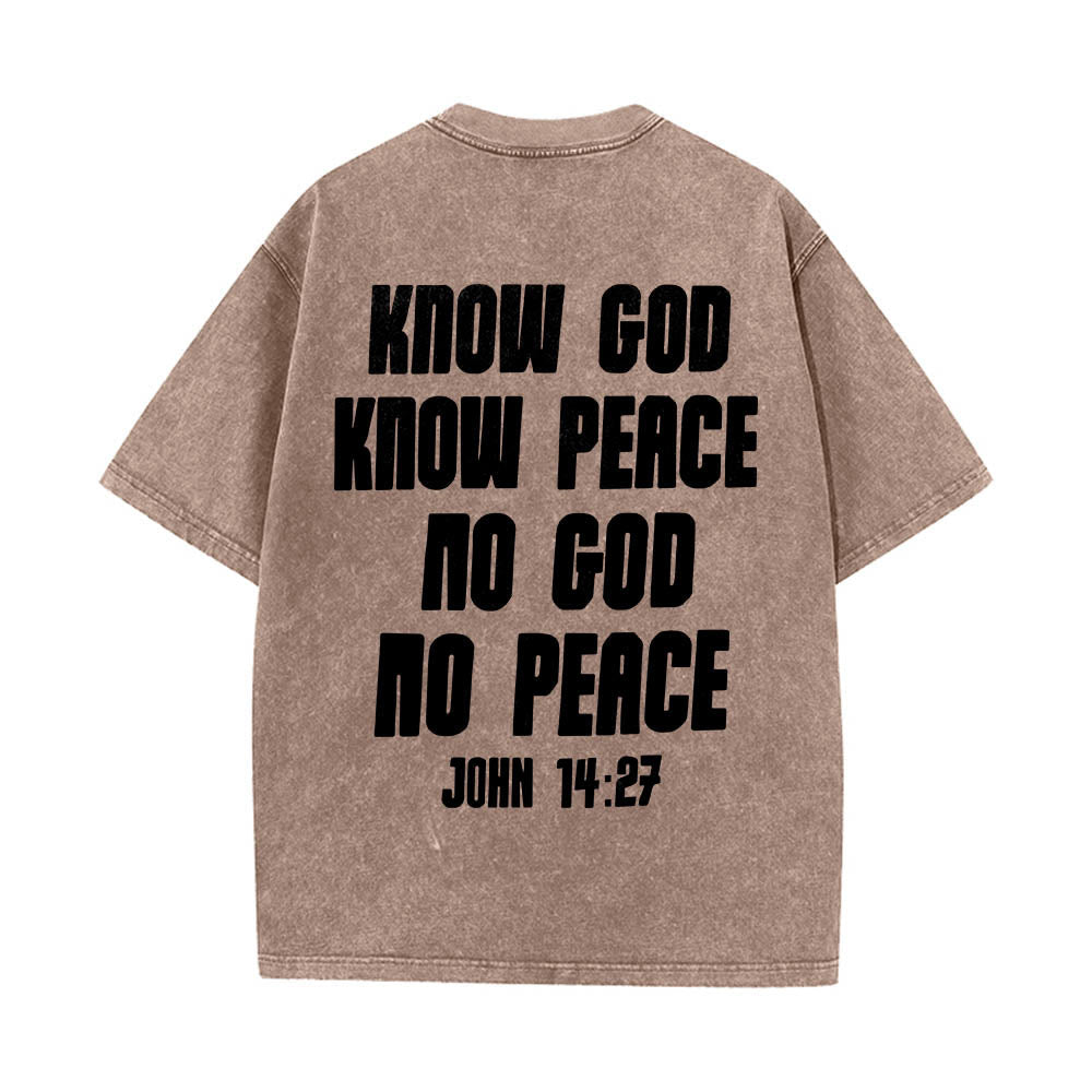 Christianartworkshop Dornenkrone Jesus-Büste Vorderseite „Kenne Gott, kenne Frieden“ Johannes 14,27 Rückseite Doppelseitiger Druck Gewaschenes T-Shirt - image 5
