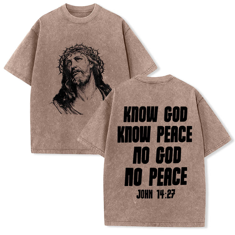 Christianartworkshop Dornenkrone Jesus-Büste Vorderseite „Kenne Gott, kenne Frieden“ Johannes 14,27 Rückseite Doppelseitiger Druck Gewaschenes T-Shirt - Braun - 5XL - image 3