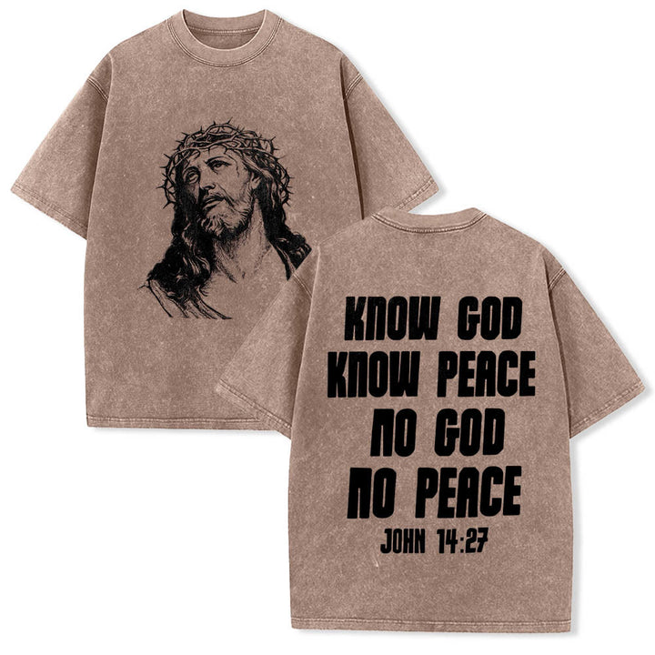 Christianartworkshop Dornenkrone Jesus-Büste Vorderseite „Kenne Gott, kenne Frieden“ Johannes 14,27 Rückseite Doppelseitiger Druck Gewaschenes T-Shirt - Braun - 5XL - image 3