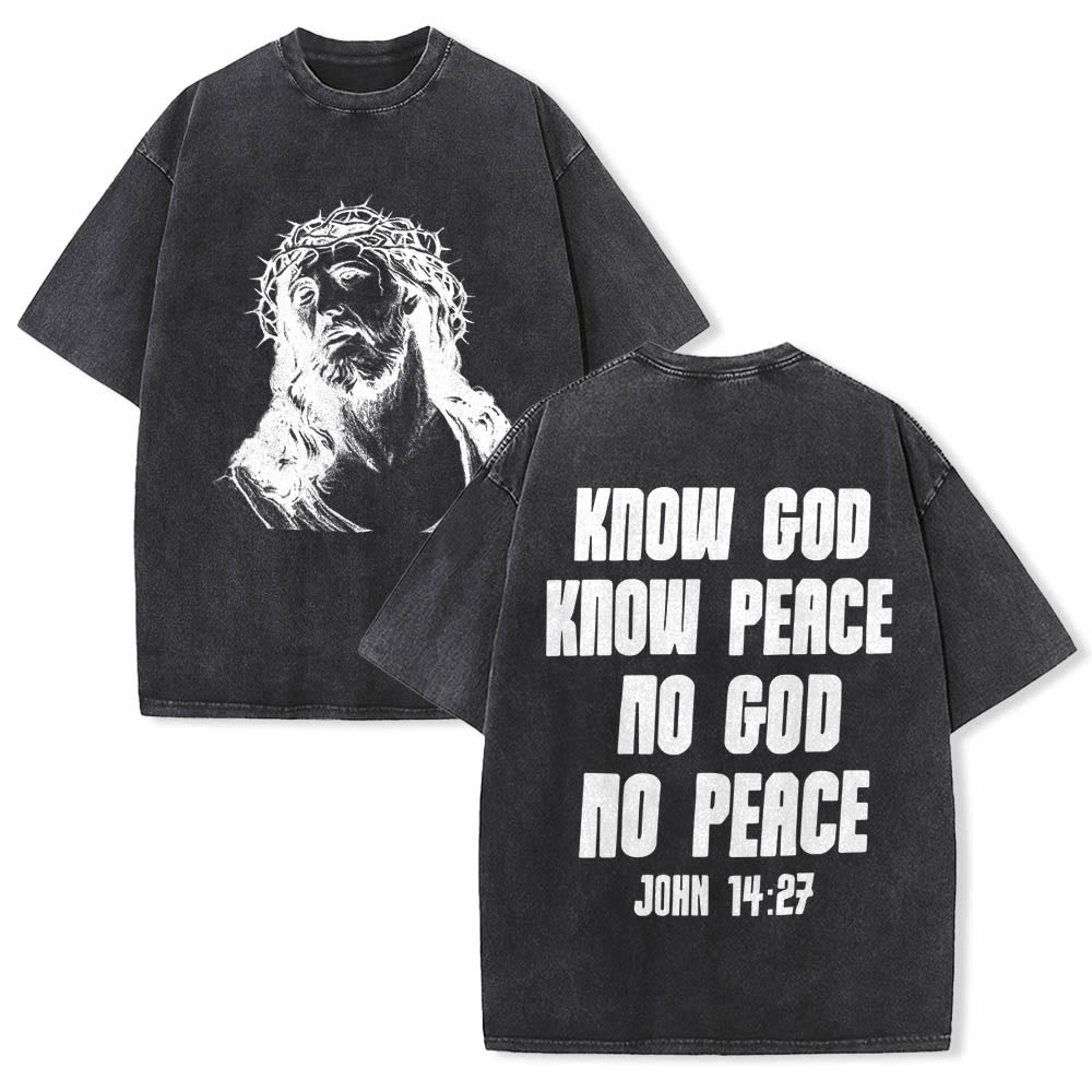 Christianartworkshop Dornenkrone Jesus-Büste Vorderseite „Kenne Gott, kenne Frieden“ Johannes 14,27 Rückseite Doppelseitiger Druck Gewaschenes T-Shirt - Schwarz - 5XL - image 9