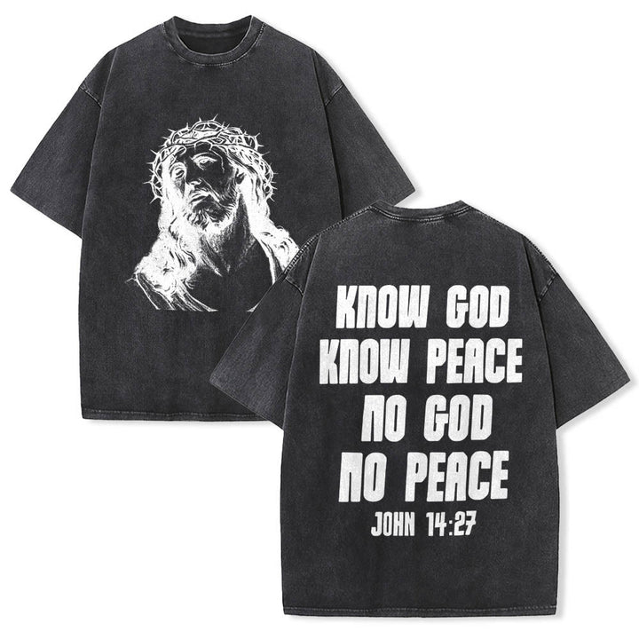 Christianartworkshop Dornenkrone Jesus-Büste Vorderseite „Kenne Gott, kenne Frieden“ Johannes 14,27 Rückseite Doppelseitiger Druck Gewaschenes T-Shirt - Schwarz - 5XL - image 9