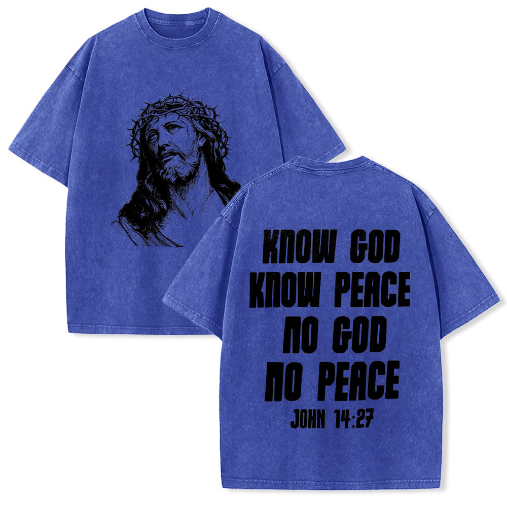 Christianartworkshop Dornenkrone Jesus-Büste Vorderseite „Kenne Gott, kenne Frieden“ Johannes 14,27 Rückseite Doppelseitiger Druck Gewaschenes T-Shirt - Blau - 5XL - image 12