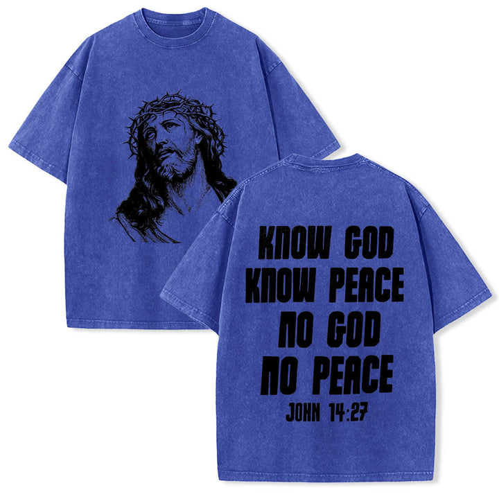 Christianartworkshop Dornenkrone Jesus-Büste Vorderseite „Kenne Gott, kenne Frieden“ Johannes 14,27 Rückseite Doppelseitiger Druck Gewaschenes T-Shirt - Blau - 5XL - image 12