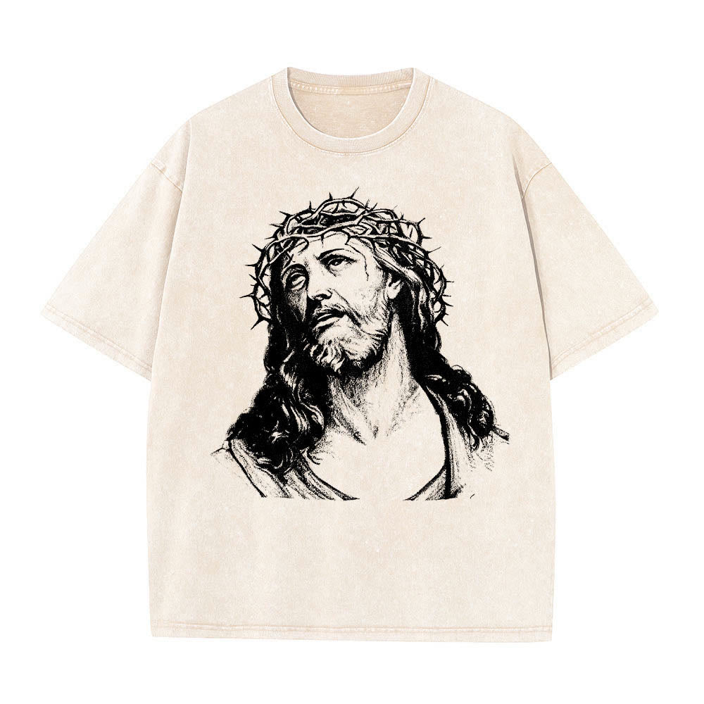 Christianartworkshop Dornenkrone Jesus-Büste Vorderseite „Kenne Gott, kenne Frieden“ Johannes 14,27 Rückseite Doppelseitiger Druck Gewaschenes T-Shirt - image 1