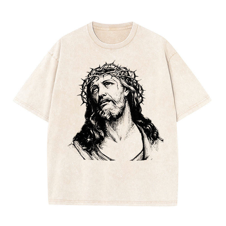 Christianartworkshop Dornenkrone Jesus-Büste Vorderseite „Kenne Gott, kenne Frieden“ Johannes 14,27 Rückseite Doppelseitiger Druck Gewaschenes T-Shirt - image 1