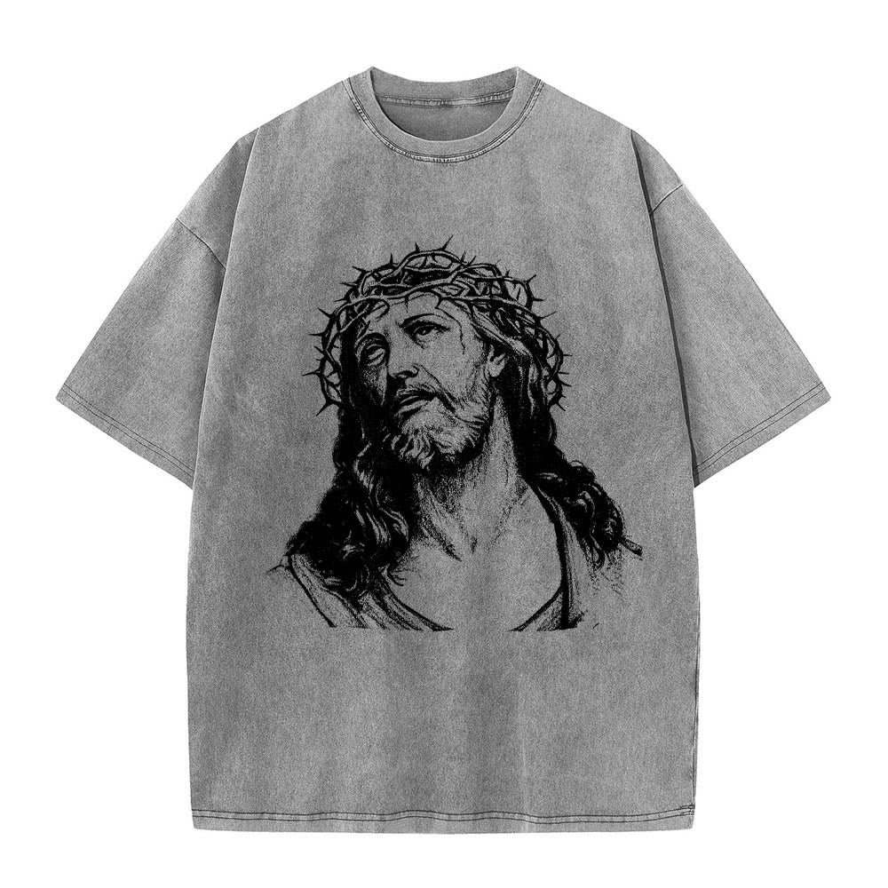 Christianartworkshop Dornenkrone Jesus-Büste Vorderseite „Kenne Gott, kenne Frieden“ Johannes 14,27 Rückseite Doppelseitiger Druck Gewaschenes T-Shirt - image 7