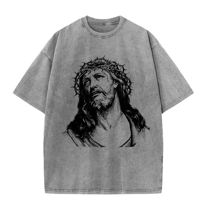Christianartworkshop Dornenkrone Jesus-Büste Vorderseite „Kenne Gott, kenne Frieden“ Johannes 14,27 Rückseite Doppelseitiger Druck Gewaschenes T-Shirt - image 7