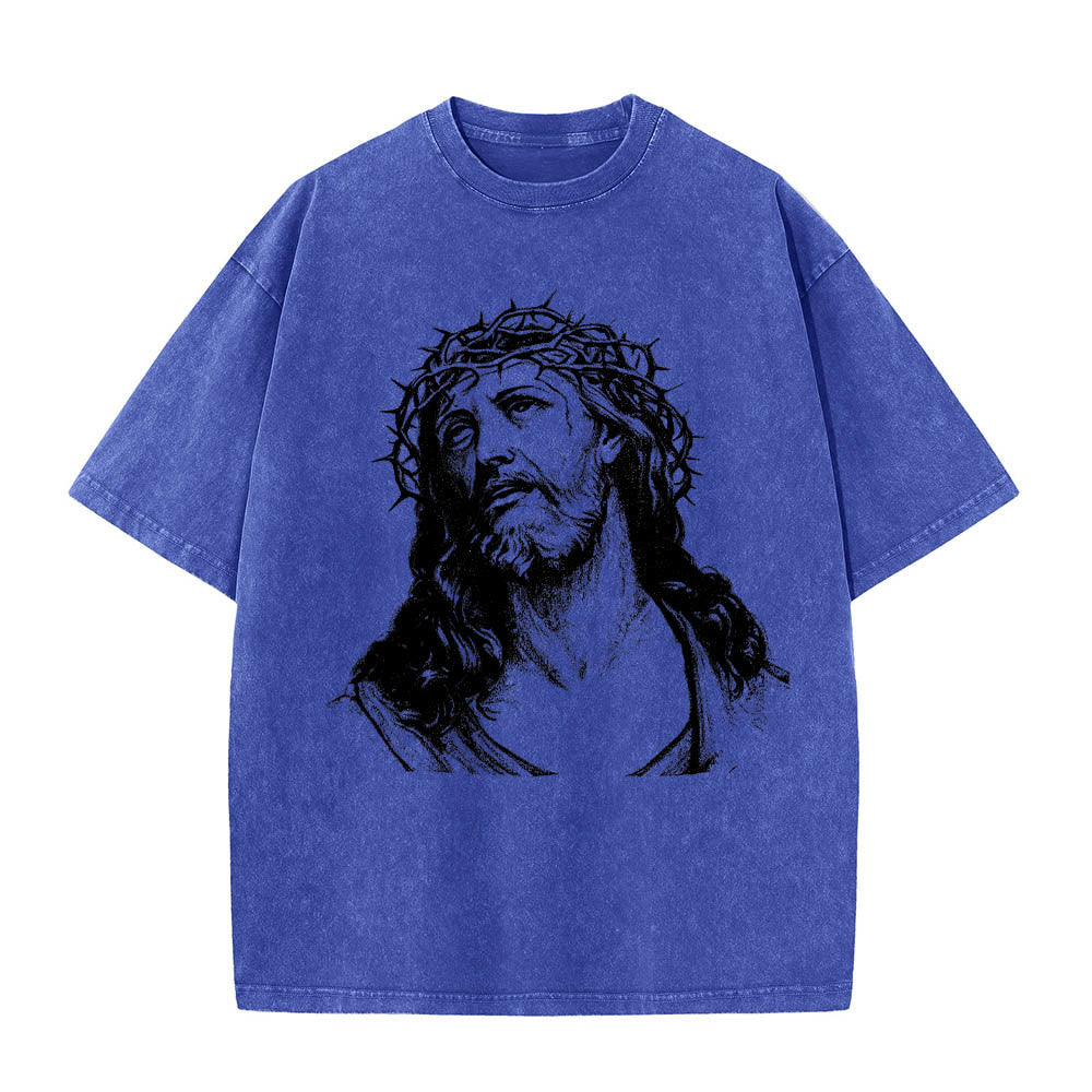Christianartworkshop Dornenkrone Jesus-Büste Vorderseite „Kenne Gott, kenne Frieden“ Johannes 14,27 Rückseite Doppelseitiger Druck Gewaschenes T-Shirt - image 13
