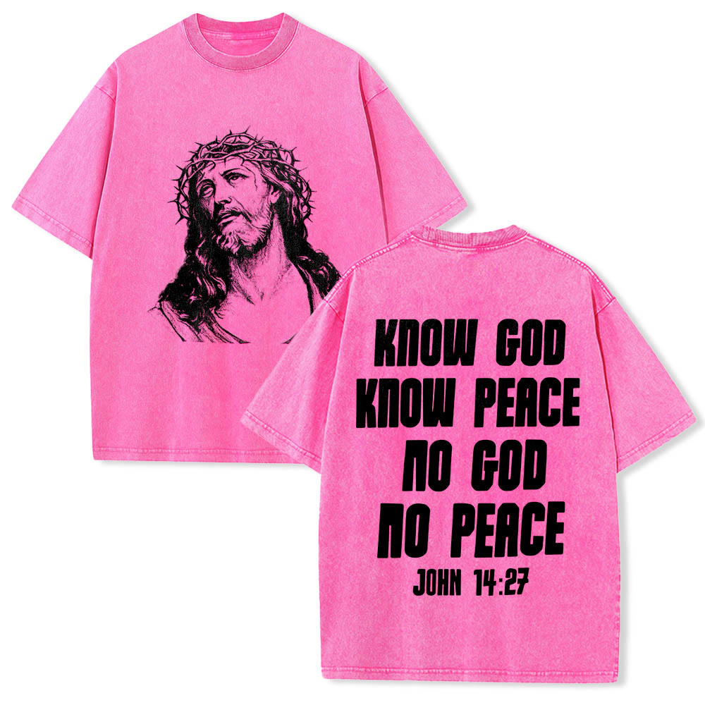 Christianartworkshop Dornenkrone Jesus-Büste Vorderseite „Kenne Gott, kenne Frieden“ Johannes 14,27 Rückseite Doppelseitiger Druck Gewaschenes T-Shirt - Rosa - 5XL - image 21