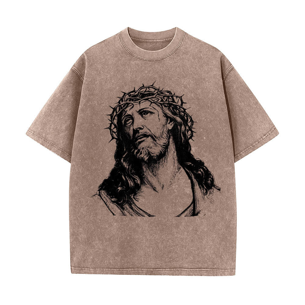 Christianartworkshop Dornenkrone Jesus-Büste Vorderseite „Kenne Gott, kenne Frieden“ Johannes 14,27 Rückseite Doppelseitiger Druck Gewaschenes T-Shirt - image 4