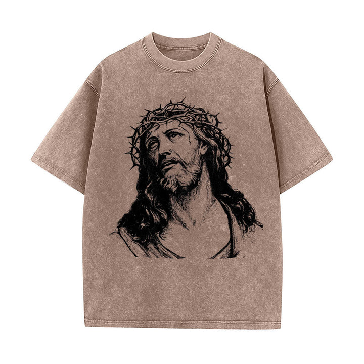 Christianartworkshop Dornenkrone Jesus-Büste Vorderseite „Kenne Gott, kenne Frieden“ Johannes 14,27 Rückseite Doppelseitiger Druck Gewaschenes T-Shirt - image 4