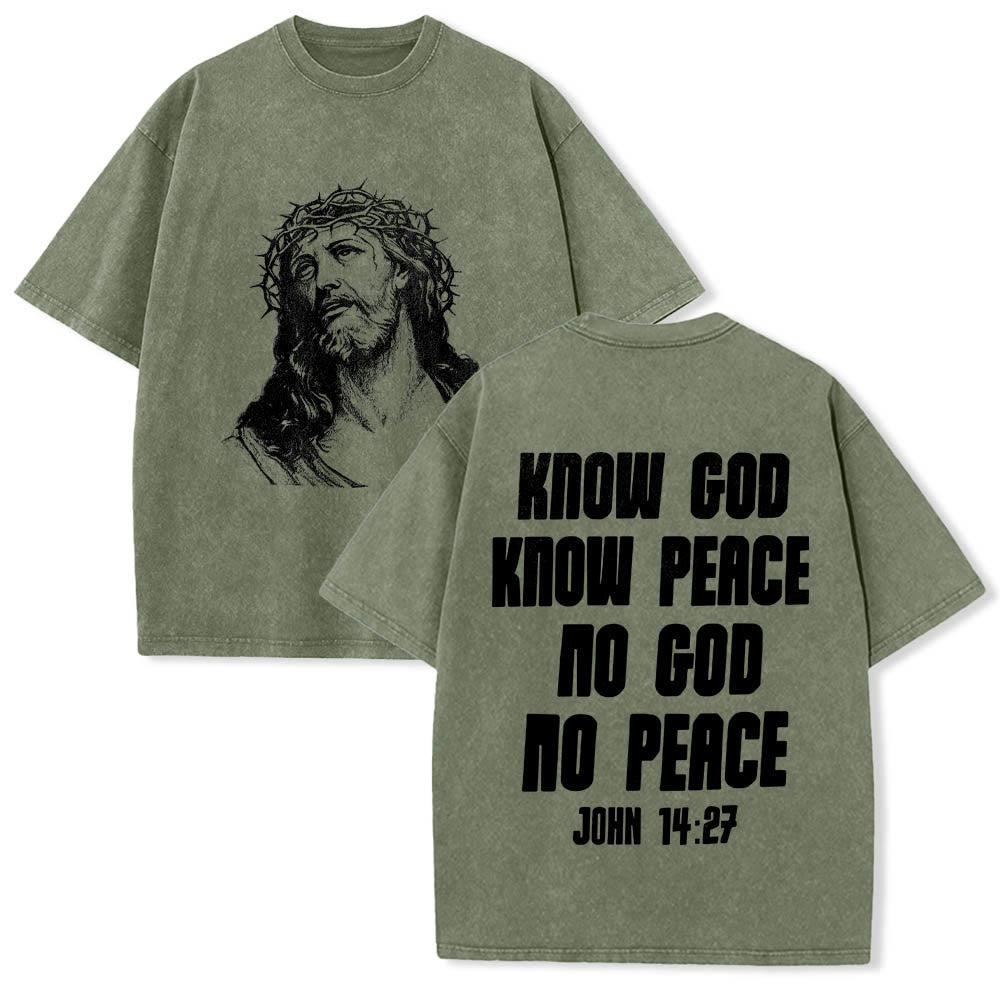 Christianartworkshop Dornenkrone Jesus-Büste Vorderseite „Kenne Gott, kenne Frieden“ Johannes 14,27 Rückseite Doppelseitiger Druck Gewaschenes T-Shirt - Armeegrün - 5XL - image 24