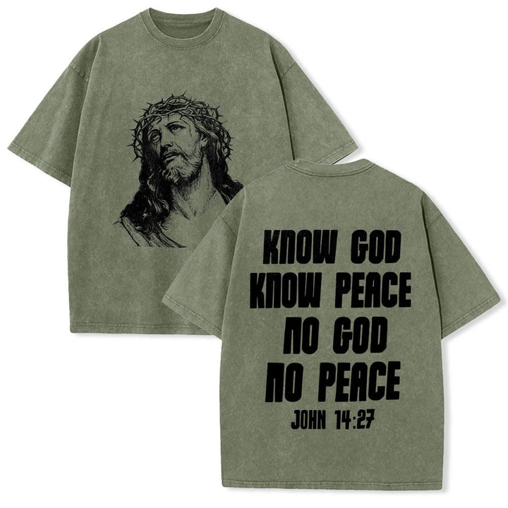Christianartworkshop Dornenkrone Jesus-Büste Vorderseite „Kenne Gott, kenne Frieden“ Johannes 14,27 Rückseite Doppelseitiger Druck Gewaschenes T-Shirt - Armeegrün - 5XL - image 24