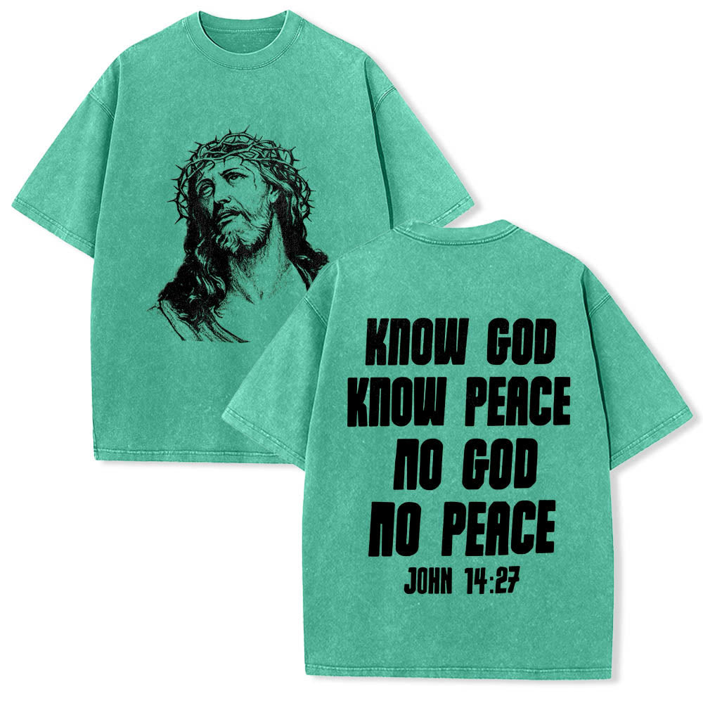 Christianartworkshop Dornenkrone Jesus-Büste Vorderseite „Kenne Gott, kenne Frieden“ Johannes 14,27 Rückseite Doppelseitiger Druck Gewaschenes T-Shirt - Grün - 5XL - image 15