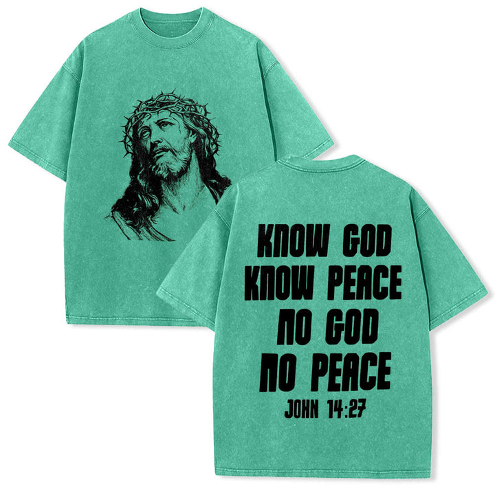 Christianartworkshop Dornenkrone Jesus-Büste Vorderseite „Kenne Gott, kenne Frieden“ Johannes 14,27 Rückseite Doppelseitiger Druck Gewaschenes T-Shirt - Grün - 5XL - image 15