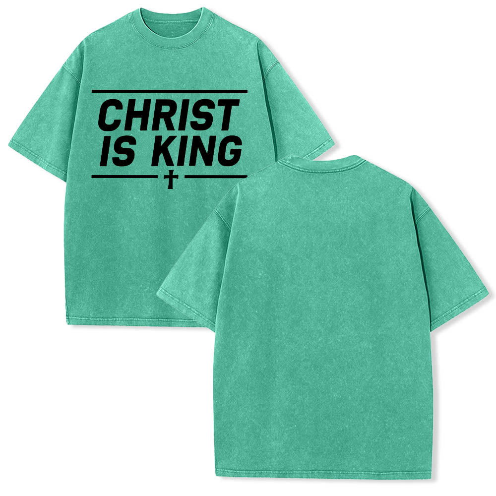 Christianartworkshop Doppelt horizontale Linien umrahmt, mit zentriertem Kreuz und Christus-ist-König-Motiv, auf der Vorderseite bedruckt, gewaschenes T-Shirt - image 11