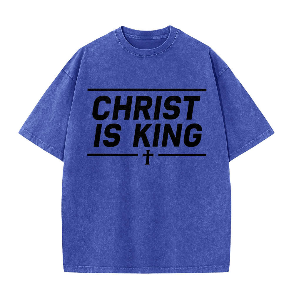 Christianartworkshop Doppelt horizontale Linien umrahmt, mit zentriertem Kreuz und Christus-ist-König-Motiv, auf der Vorderseite bedruckt, gewaschenes T-Shirt - Blau - 5XL - image 8