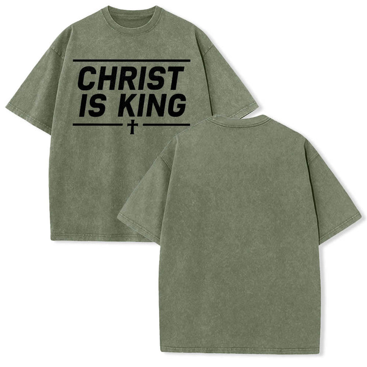 Christianartworkshop Doppelt horizontale Linien umrahmt, mit zentriertem Kreuz und Christus-ist-König-Motiv, auf der Vorderseite bedruckt, gewaschenes T-Shirt - image 17