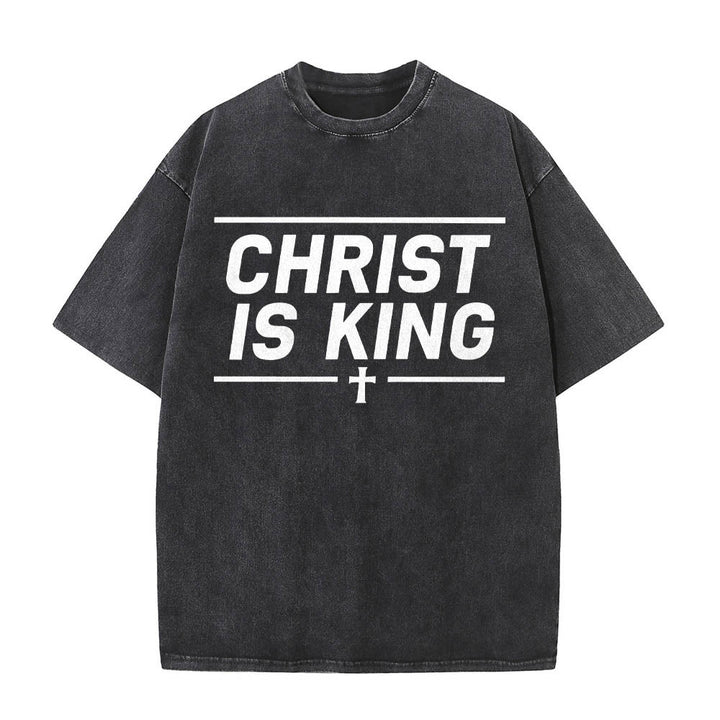 Christianartworkshop Doppelt horizontale Linien umrahmt, mit zentriertem Kreuz und Christus-ist-König-Motiv, auf der Vorderseite bedruckt, gewaschenes T-Shirt - Schwarz - 5XL - image 0
