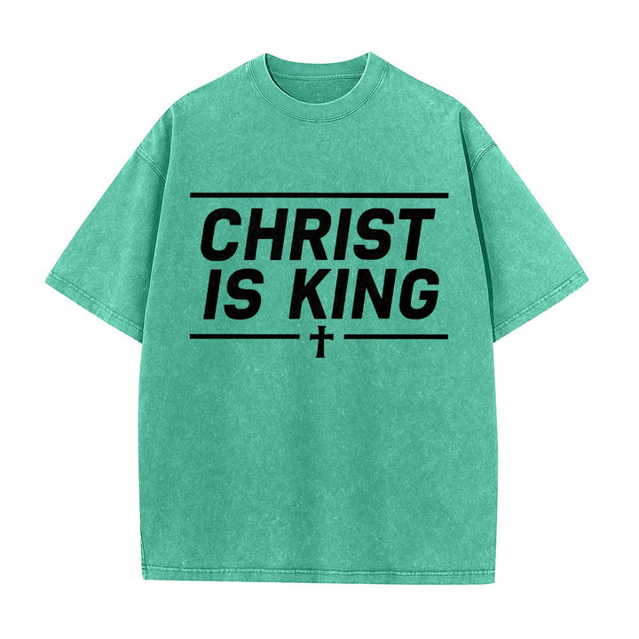 Christianartworkshop Doppelt horizontale Linien umrahmt, mit zentriertem Kreuz und Christus-ist-König-Motiv, auf der Vorderseite bedruckt, gewaschenes T-Shirt - Grün - 5XL - image 10
